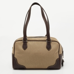 Prada Beige/Brown Logo Print Jacquard and Leather Bowling Bag