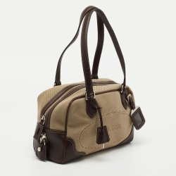 Prada Beige/Brown Logo Print Jacquard and Leather Bowling Bag