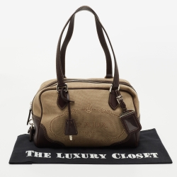 Prada Beige/Brown Logo Print Jacquard and Leather Bowling Bag