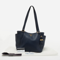 Pre Owned Prada Blue Vitello Daino Leather Side Pocket Tote