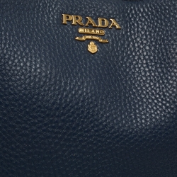 Pre Owned Prada Blue Vitello Daino Leather Side Pocket Tote