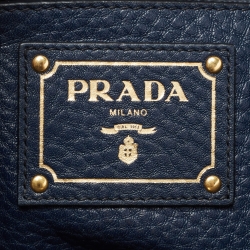 Pre Owned Prada Blue Vitello Daino Leather Side Pocket Tote