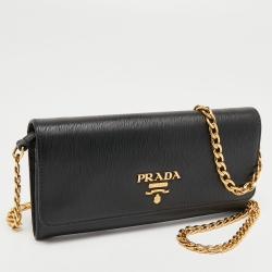 Pre Owned Prada Black Vitello Move Leather Leather Wallet On Chain