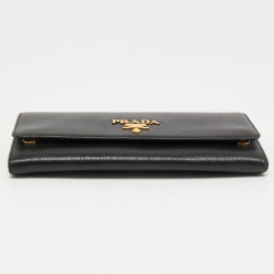 Pre Owned Prada Black Vitello Move Leather Leather Wallet On Chain