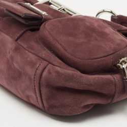 Pre Owned Prada Purple Suede Buckle Flap Baguette Bag