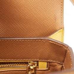 Prada Brown/Mustard Saffiano Lux Leather Turnlock Flap Top Handle Bag