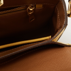 Prada Brown/Mustard Saffiano Lux Leather Turnlock Flap Top Handle Bag