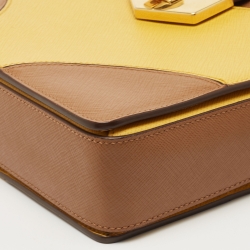 Prada Brown/Mustard Saffiano Lux Leather Turnlock Flap Top Handle Bag