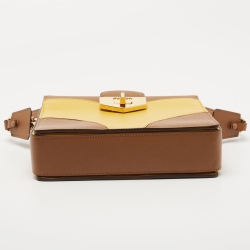 Prada Brown/Mustard Saffiano Lux Leather Turnlock Flap Top Handle Bag