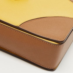 Prada Brown/Mustard Saffiano Lux Leather Turnlock Flap Top Handle Bag