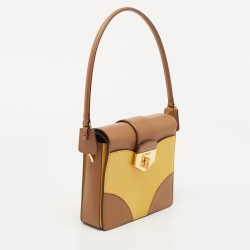 Prada Brown/Mustard Saffiano Lux Leather Turnlock Flap Top Handle Bag