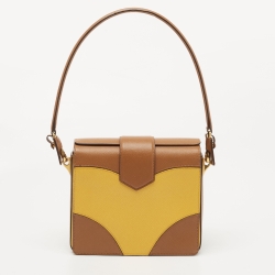 Prada Brown/Mustard Saffiano Lux Leather Turnlock Flap Top Handle Bag