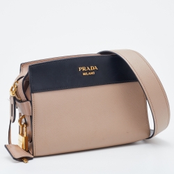 Pre Owned Prada Beige/Black Saffiano Leather Esplanade Crossbody Bag 