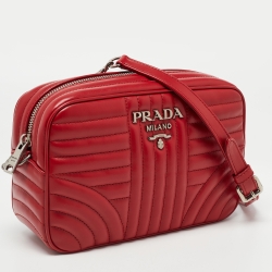 Pre Owned Prada Red Diagramme Leather Camera Shoulder Bag