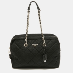 Pre Owned Prada Black Quilted Nylon Chain Satchel