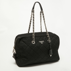 Pre Owned Prada Black Quilted Nylon Chain Satchel