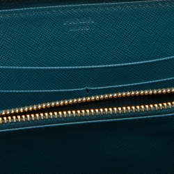 Pre Owned Prada Teal Blue Saffiano Metal Leather Zip Around Wallet