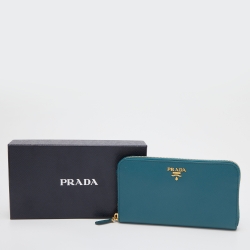 Pre Owned Prada Teal Blue Saffiano Metal Leather Zip Around Wallet