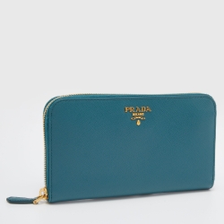 Pre Owned Prada Teal Blue Saffiano Metal Leather Zip Around Wallet