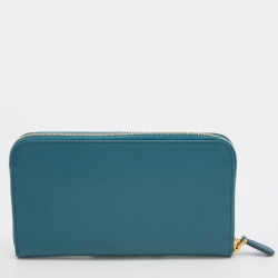 Pre Owned Prada Teal Blue Saffiano Metal Leather Zip Around Wallet