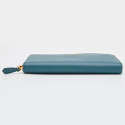 Pre Owned Prada Teal Blue Saffiano Metal Leather Zip Around Wallet
