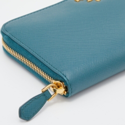 Pre Owned Prada Teal Blue Saffiano Metal Leather Zip Around Wallet