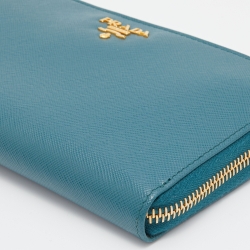 Pre Owned Prada Teal Blue Saffiano Metal Leather Zip Around Wallet