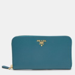 Pre Owned Prada Teal Blue Saffiano Metal Leather Zip Around Wallet