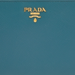 Pre Owned Prada Teal Blue Saffiano Metal Leather Zip Around Wallet
