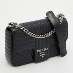 Pre Owned Prada Black Diagramme Leather Medium Shoulder Bag