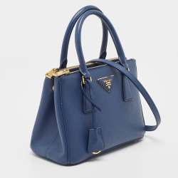 Pre Owned Prada Blue Saffiano Lux Leather Small Galleria Double Zip Tote
