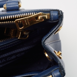 Pre Owned Prada Blue Saffiano Lux Leather Small Galleria Double Zip Tote