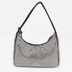 Pre Owned Prada Black Satin Crystals Re-Edition 2000 Baguette Bag