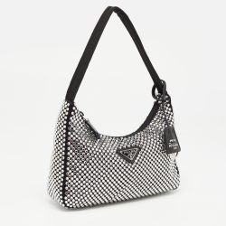 Pre Owned Prada Black Satin Crystals Re-Edition 2000 Baguette Bag