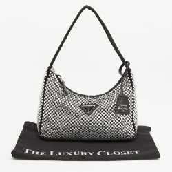 Pre Owned Prada Black Satin Crystals Re-Edition 2000 Baguette Bag