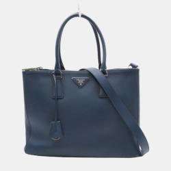 Pre Owned Prada Blue Leather Medium Saffiano Lux Double-Zip Galleria Tote Bag