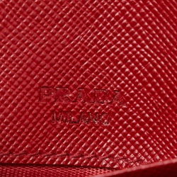 Pre Owned Prada Red Saffiano Metal Leather Logo Wristlet Compact Wallet