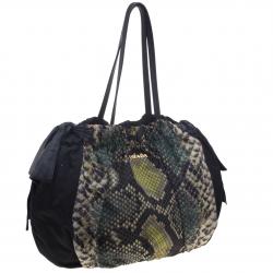 Pre Owned Prada Black Green Python Print Nylon St. Pitone Hobo