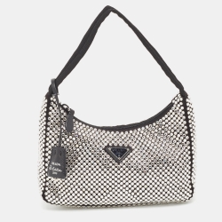 Pre Owned Prada Black Satin Crystals Re-Edition 2000 Baguette Bag
