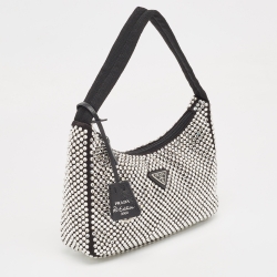 Pre Owned Prada Black Satin Crystals Re-Edition 2000 Baguette Bag
