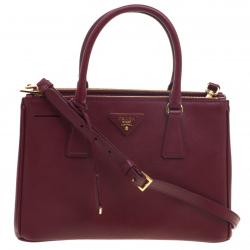 Pre Owned Prada Burgundy Saffiano Lux Leather Small Double Zip Tote