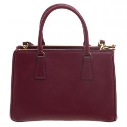 Pre Owned Prada Burgundy Saffiano Lux Leather Small Double Zip Tote