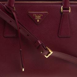 Pre Owned Prada Burgundy Saffiano Lux Leather Small Double Zip Tote
