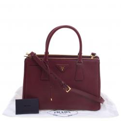 Pre Owned Prada Burgundy Saffiano Lux Leather Small Double Zip Tote