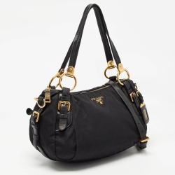 Pre Owned Prada Black Nylon and Leather Ring Handle Hobo
