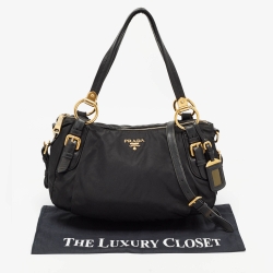 Pre Owned Prada Black Nylon and Leather Ring Handle Hobo
