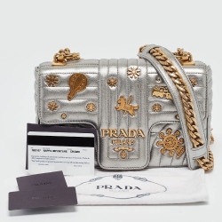 مملوكة مسبقًا Prada Silver Diagramme Leather Small Embellished Shoulder Bag
