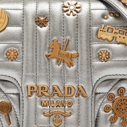 مملوكة مسبقًا Prada Silver Diagramme Leather Small Embellished Shoulder Bag