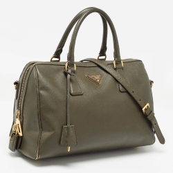 Pre Owned Prada Olive Green Saffiano Leather Bowler Bag