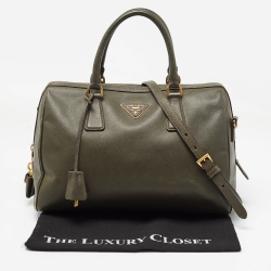 Pre Owned Prada Olive Green Saffiano Leather Bowler Bag